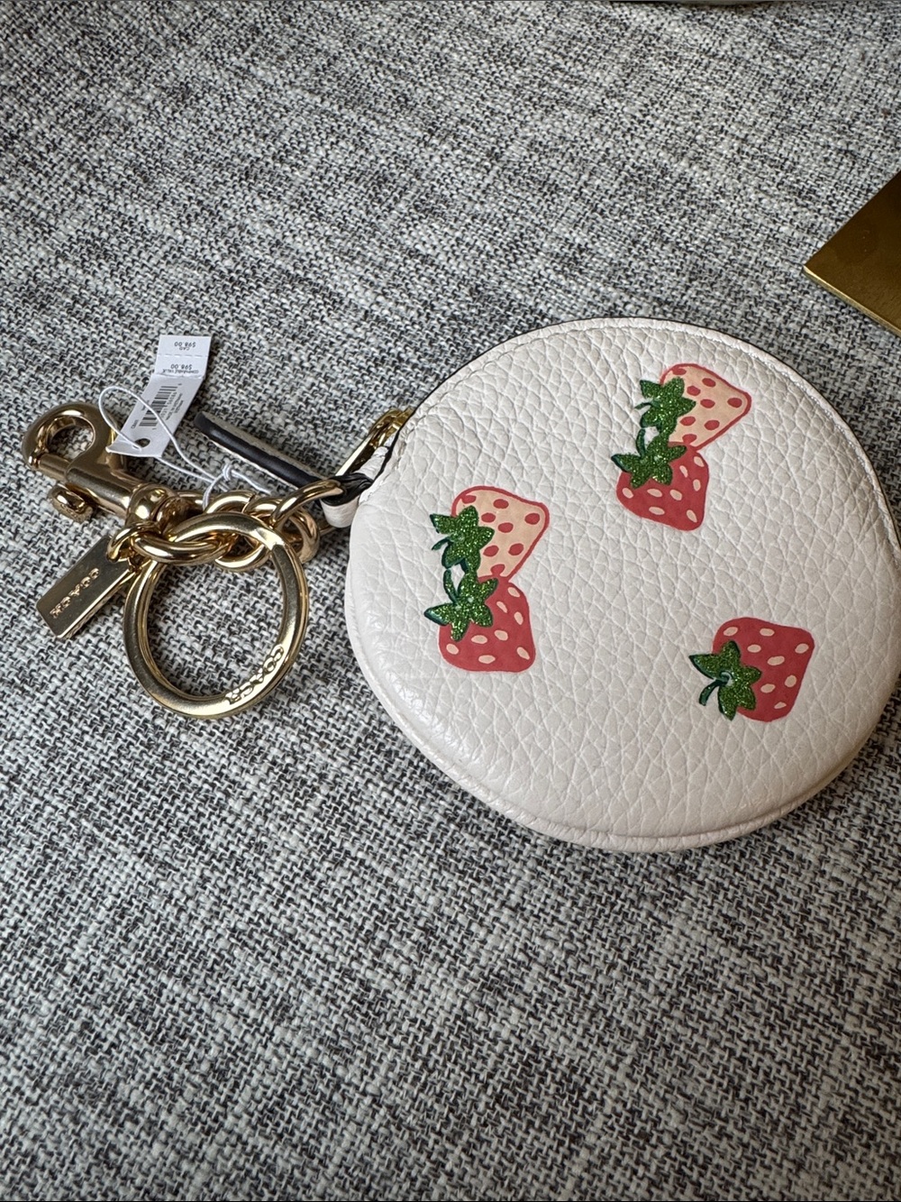 Coach White Round Strawberry Coin Case Keychain with Gold Hardware - Picture 4 of 5